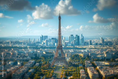 Skyline of Paris with Eiffel Tower in Paris, France, tilt shift,