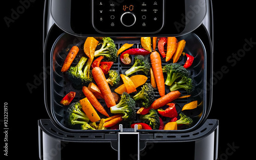 Deep fryer with digital display that cooks vegetables in deep fryer.Top view photo