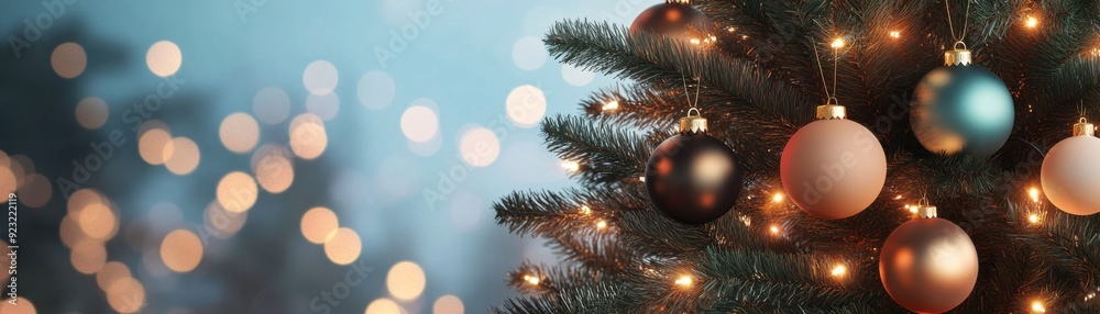 Close-up of a Christmas tree decorated with black and gold ornaments, set against a soft bokeh background, evoking a festive and elegant holiday atmosphere.. Close-up of a Christmas tree decorated with black and gold ornaments, set against a soft bokeh background, evoking a festive and elegant holiday atmosphere..