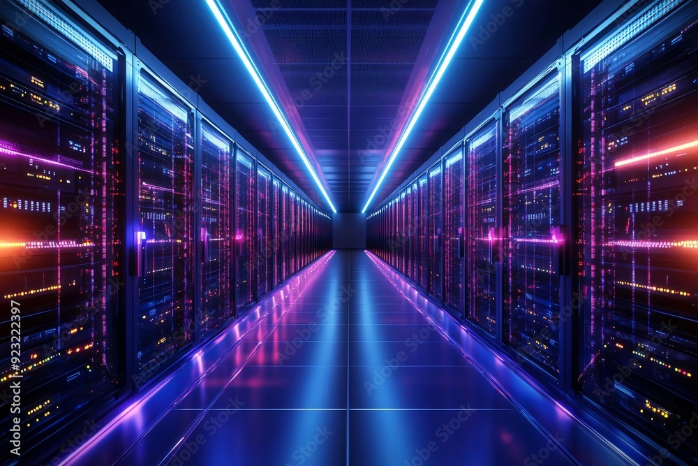 A futuristic data center illuminated by vibrant neon lights, showcasing server racks and advanced technology. A futuristic data center illuminated by vibrant neon lights, showcasing server racks and advanced technology.