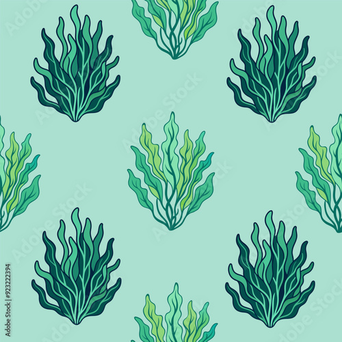 Seamless pattern with hand drawn seaweed. Cartoon style vector illustration.