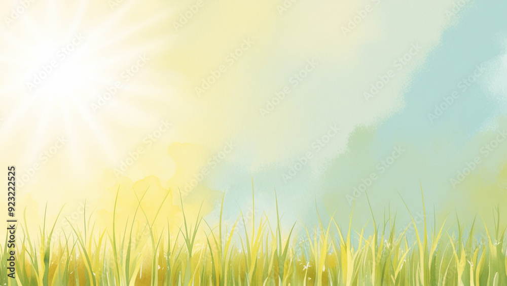 Sun-Kissed Meadow Watercolor Background with Soft Green Grasses and Light Blue Gradient Sky Sun-Kissed Meadow Watercolor Background with Soft Green Grasses and Light Blue Gradient Sky