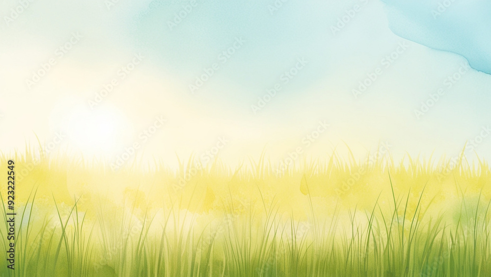 Obraz premium Sun-Kissed Meadow Watercolor Background with Soft Green Grasses and Light Blue Gradient Sky