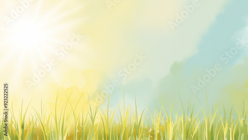 Sun-Kissed Meadow Watercolor Background with Soft Green Grasses and Light Blue Gradient Sky