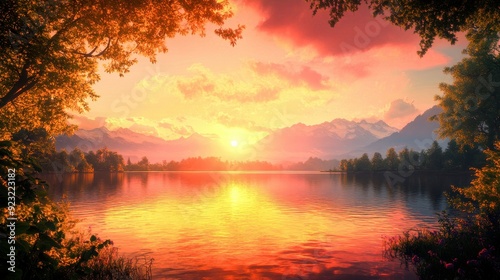 Golden hues blend with soft pinks as the sun sets behind mountains, casting a warm glow over the calm waters and lush greenery along the shore