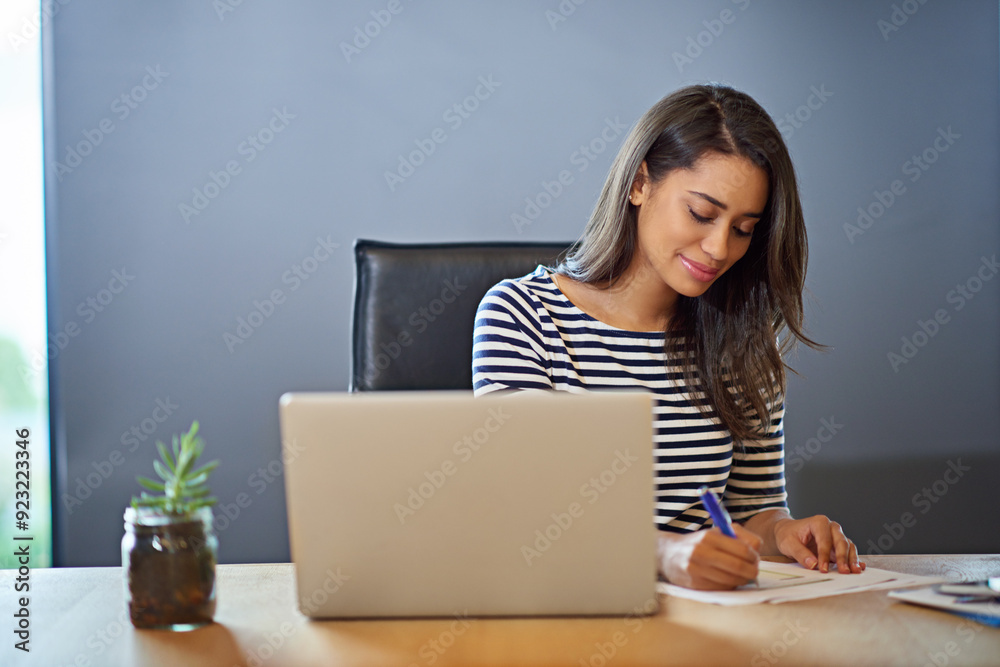 Woman, writing and documents by laptop on desk for creative job, schedule and feedback on article. Office, editor and person with technology by paperwork for journalism, research or online publishing Woman, writing and documents by laptop on desk for creative job, schedule and feedback on article. Office, editor and person with technology by paperwork for journalism, research or online publishing