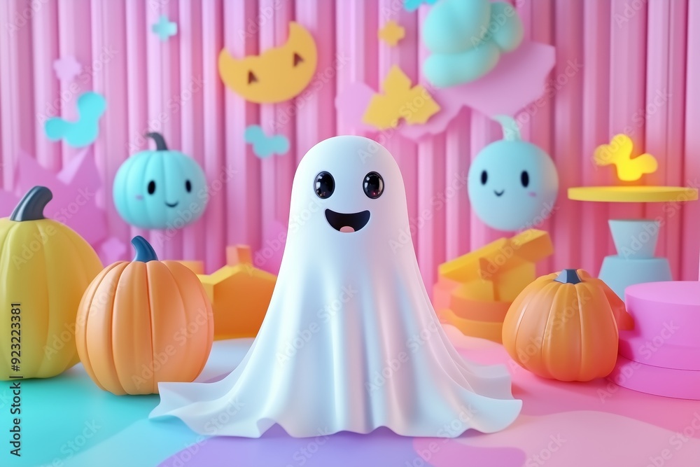 Halloween 3D cartoon of cute sheet ghost, pumpkin and paper cut out shapes in the background. pastel color, neon light effect Halloween 3D cartoon of cute sheet ghost, pumpkin and paper cut out shapes in the background. pastel color, neon light effect