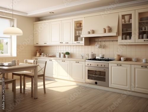 Kitchen with beige cabinets, a glass-door cabinet, a stove, and a table with two chairs.