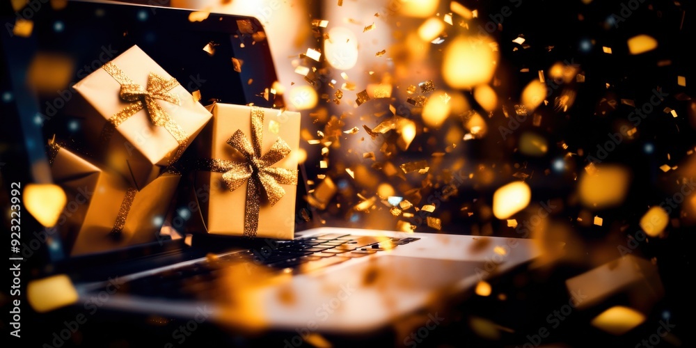 Golden gifts placed near a laptop radiate warmth as sparkles and confetti fill the air, creating a festive atmosphere for celebration Golden gifts placed near a laptop radiate warmth as sparkles and confetti fill the air, creating a festive atmosphere for celebration
