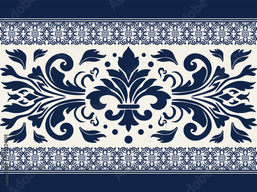 Demask Flower blue seamless pattern with abstract and traditional motifs. Perfect for textile design, wallpaper, digital backgrounds, and packaging. on cream white backgound