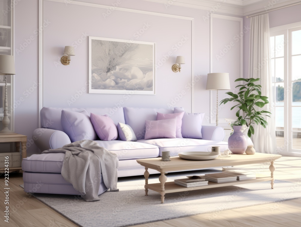 Light and airy living room with a plush lilac sofa, fluffy pillows, and a large picture window. Light and airy living room with a plush lilac sofa, fluffy pillows, and a large picture window.