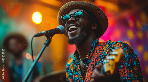 A lively Black musician dancing, ska music concert