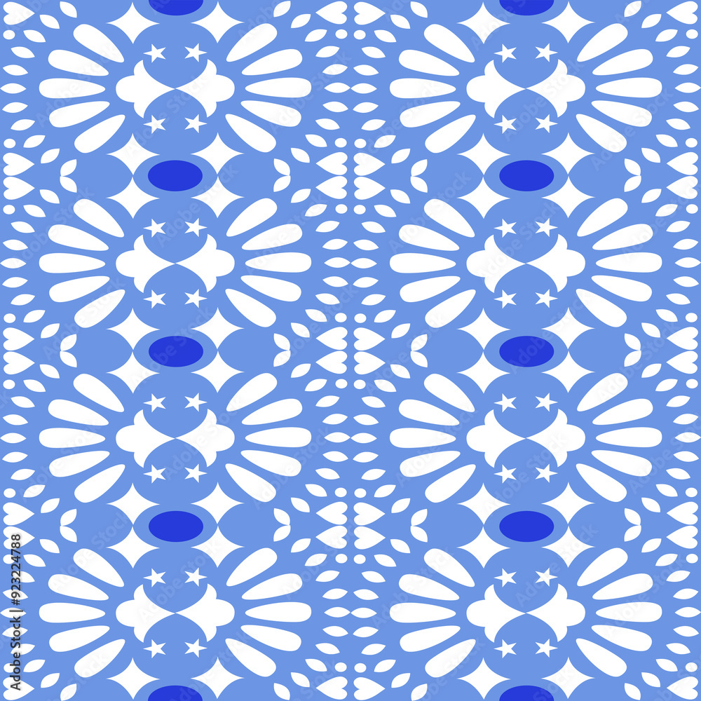 Fototapeta premium Vibrant seamless blue pattern featuring intricate and floral designs, perfect for fabric and textile designs, wallpapers, and backgrounds.