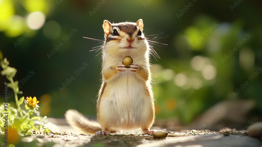 A curious chipmunk standing on its hind legs, holding a sunflower seed with its tiny paws. A curious chipmunk standing on its hind legs, holding a sunflower seed with its tiny paws.