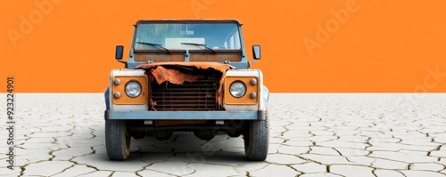 A ripped, rusty old jeep sits in the middle of a desert with cracked ground.
