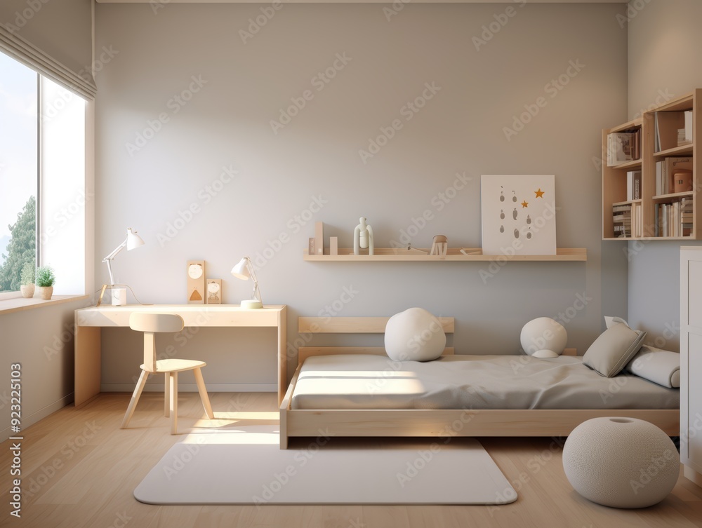 Minimalist bedroom interior with wooden bed, desk, and shelves. Minimalist bedroom interior with wooden bed, desk, and shelves.