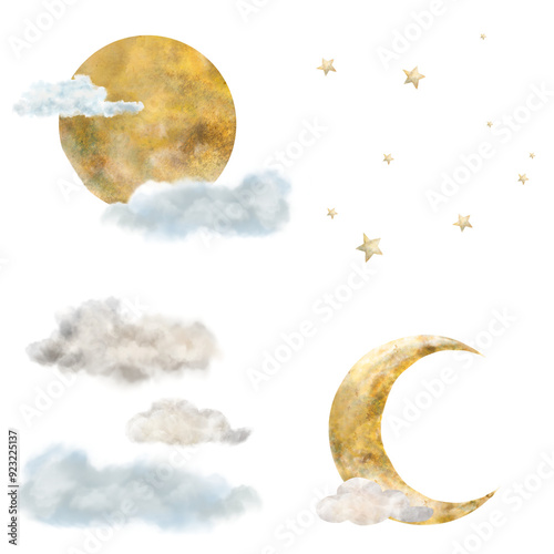 Full moon, fluffy clouds, moon, golden stars. A set of watercolor illustrations in digital style. Rain clouds and a mystical crescent moon are isolated on the background. Witch moon and pretty stars