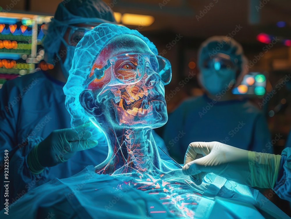 A photorealistic image of a surgeon performing a minimally invasive procedure using a holographic anatomy overlay. A photorealistic image of a surgeon performing a minimally invasive procedure using a holographic anatomy overlay.