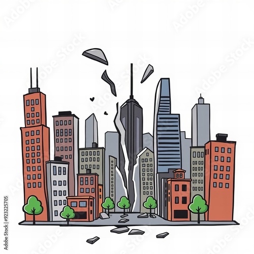 a cartoon drawing of a city with a broken skyscraper. photo