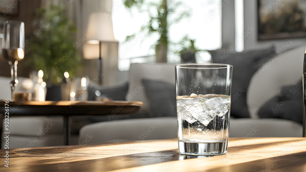 there is a glass of water sitting on a table in a living room there is a glass of water sitting on a table in a living room