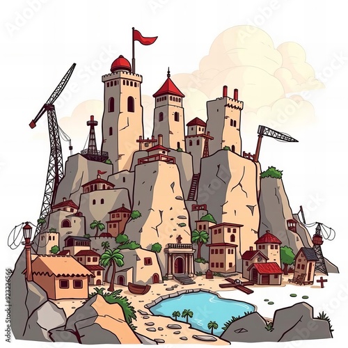 cartoon illustration of a castle on a mountain with a lake. photo