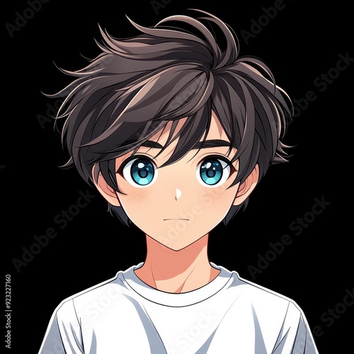 A captivating anime male character boasts striking turquoise eyes and a smooth gradient of black in his hairstyle.