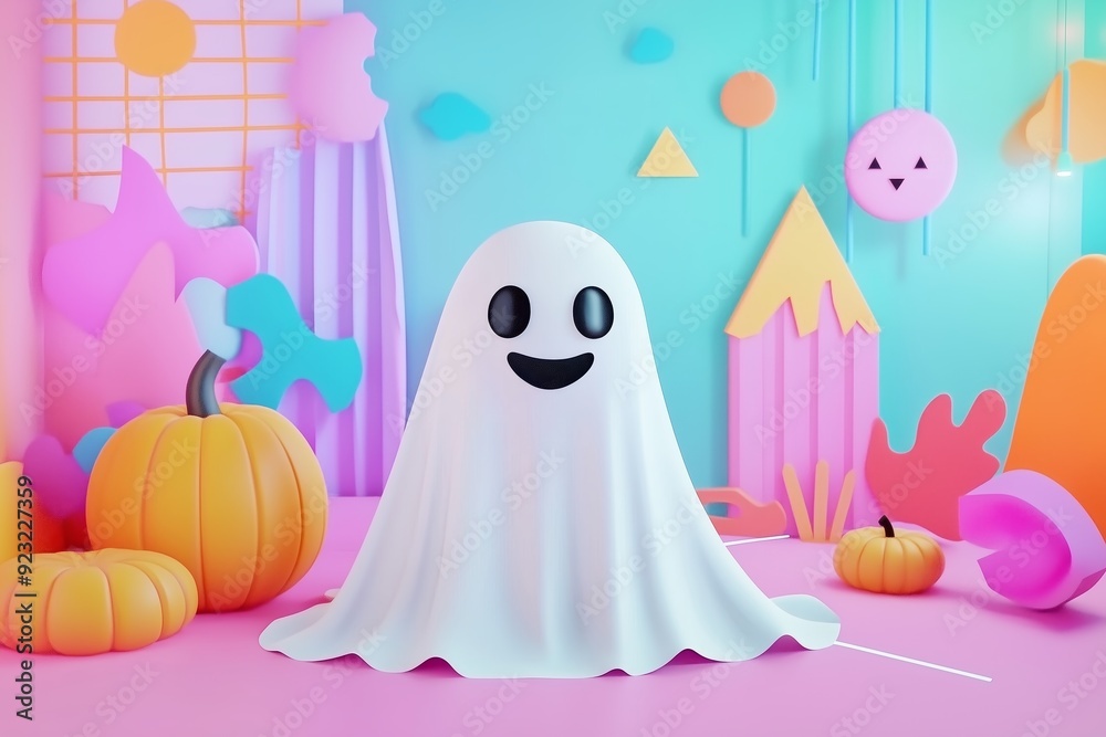 Halloween 3D cartoon of cute sheet ghost, pumpkin and paper cut out shapes in the background. pastel color, neon light effect Halloween 3D cartoon of cute sheet ghost, pumpkin and paper cut out shapes in the background. pastel color, neon light effect