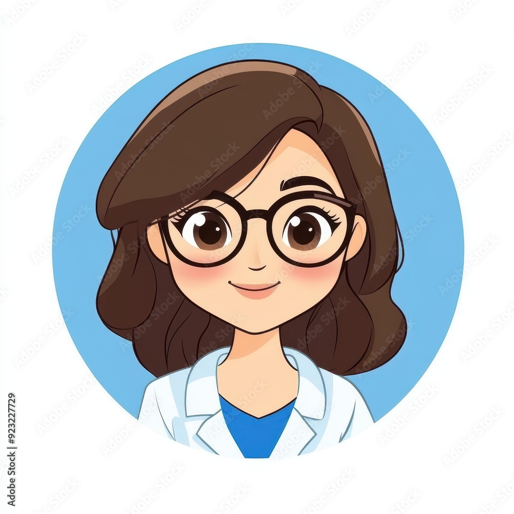 A vibrant cartoon avatar logo representing a 3yearold Taiwanese female optometrist, showcasing her profession with style