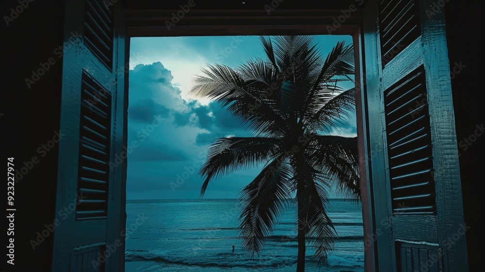 Fototapeta premium View of a palm tree through a window. dark and melancholic atmosphere
