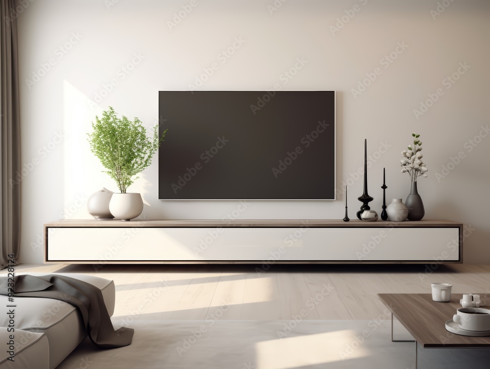 Minimalist living room interior with a TV and a coffee table. Minimalist living room interior with a TV and a coffee table.