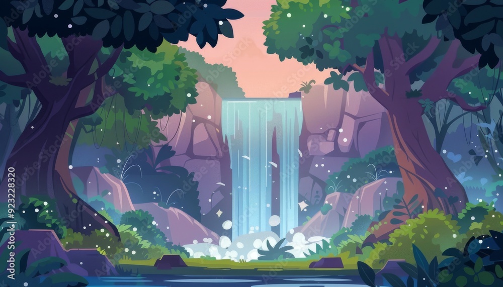 Naklejka premium Enchanting dreamscape vibrant waterfall paradise. Waterfall in mystic forest. Nature tropical paradise. Cartoon game illustration background.