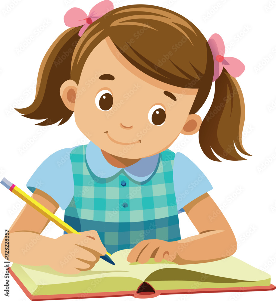 Cute young girl writing in notebook with pencil Cute young girl writing in notebook with pencil