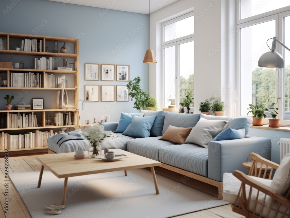 Minimalist living room with a light blue sofa, wooden coffee table, and a bookshelf filled with books, pictures, and plants. Minimalist living room with a light blue sofa, wooden coffee table, and a bookshelf filled with books, pictures, and plants.