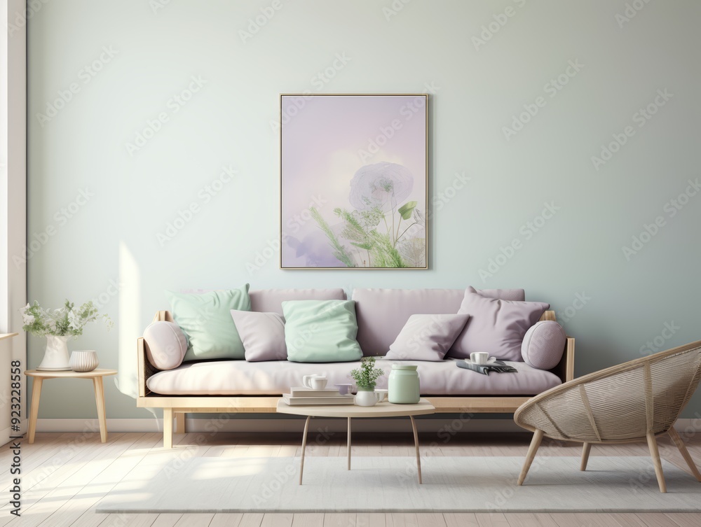 Minimalist living room with a light green wall, a wooden sofa, a coffee table, and a wicker chair, with a framed floral print on the wall. Minimalist living room with a light green wall, a wooden sofa, a coffee table, and a wicker chair, with a framed floral print on the wall.