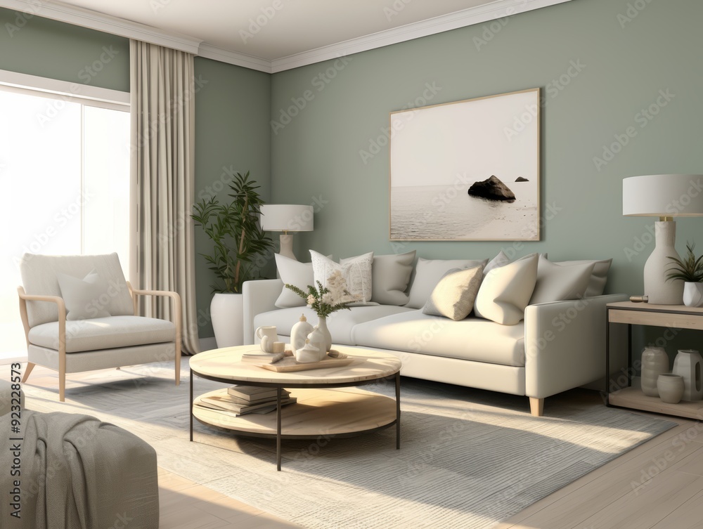 Minimalist living room with a white sofa, a wooden coffee table and a green wall. Minimalist living room with a white sofa, a wooden coffee table and a green wall.