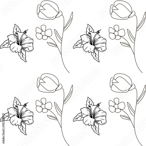 Seamless pattern of black and white flowers