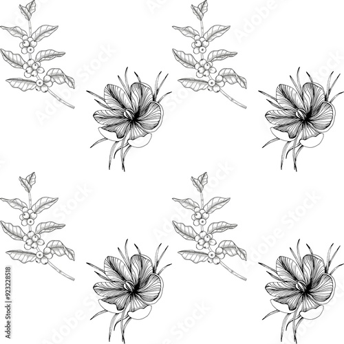 Seamless pattern of black and white flowers