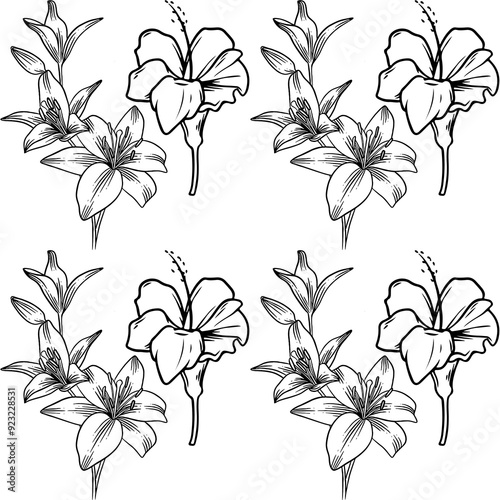 Seamless pattern of black and white flowers