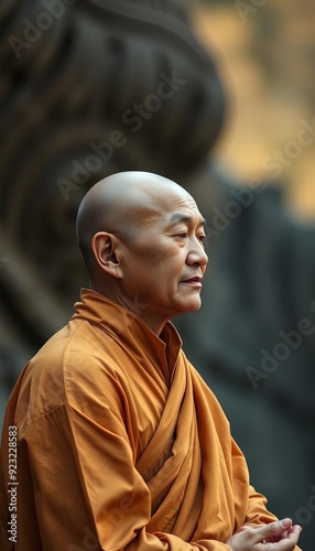  monk in orange robe sitting in front of a statue.