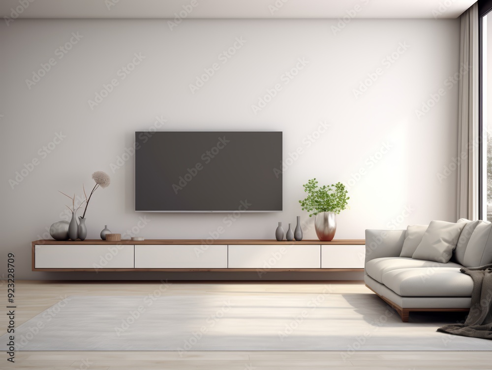 Minimalist living room with white couch, TV, and floating shelves. Minimalist living room with white couch, TV, and floating shelves.