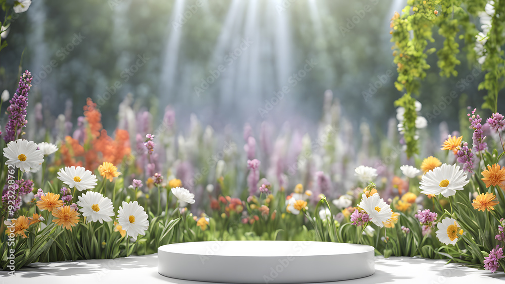 there is a white platform in a field of flowers there is a white platform in a field of flowers