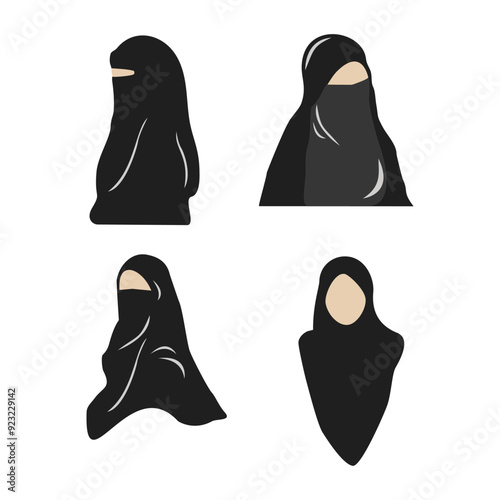 set of silhouettes Muslims women wear headscarves and veils
