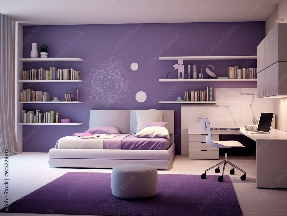 Modern bedroom interior design with a purple wall, a white bed, a ...