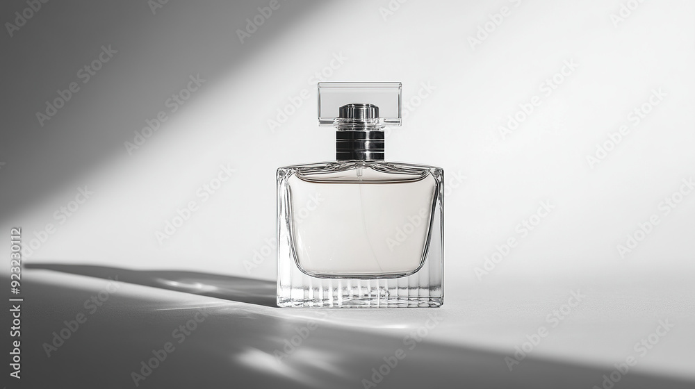 A clean white background product shot of a designer perfume bottle with soft shadows and subtle reflections that enhance the elegant and sophisticated package design A clean white background product shot of a designer perfume bottle with soft shadows and subtle reflections that enhance the elegant and sophisticated package design