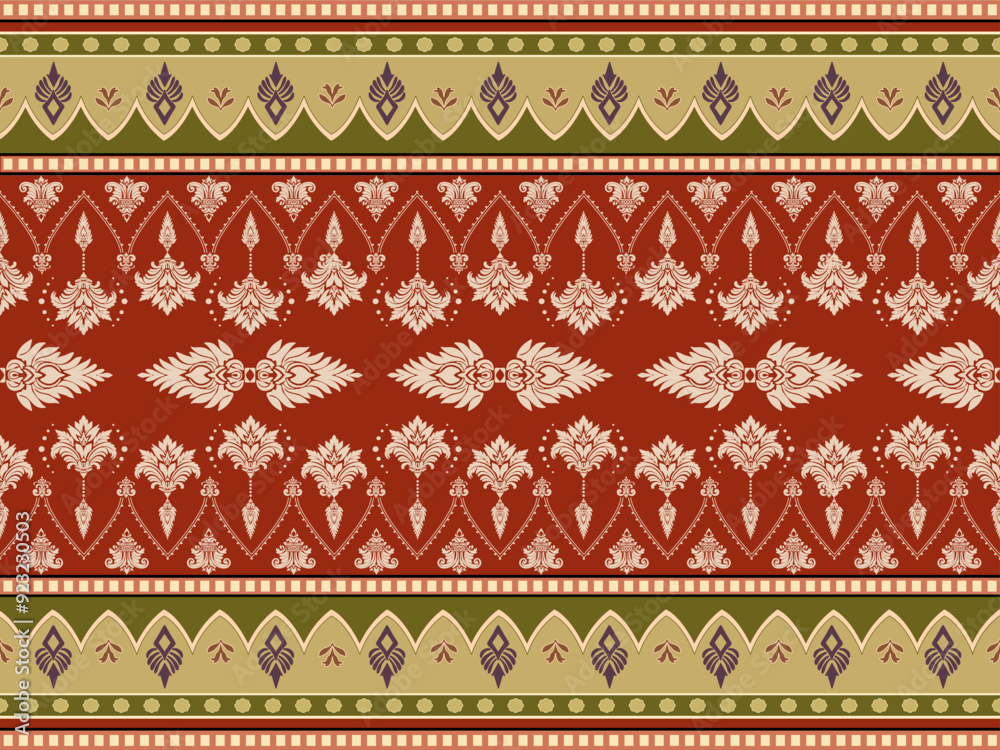 Experience the elegance of this ornate damask floral pattern, red, cream, green color on Red backgound featuring vibrant Experience the elegance of this ornate damask floral pattern, red, cream, green color on Red backgound featuring vibrant