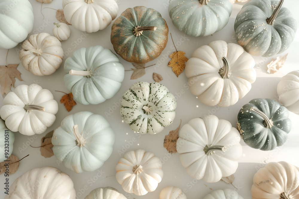Aesthetic background of pumpkins of different colors. The atmosphere of autumn and Halloween. Top view Aesthetic background of pumpkins of different colors. The atmosphere of autumn and Halloween. Top view