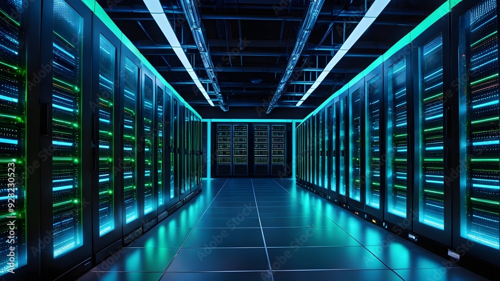A large room with many computer servers A large room with many computer servers
