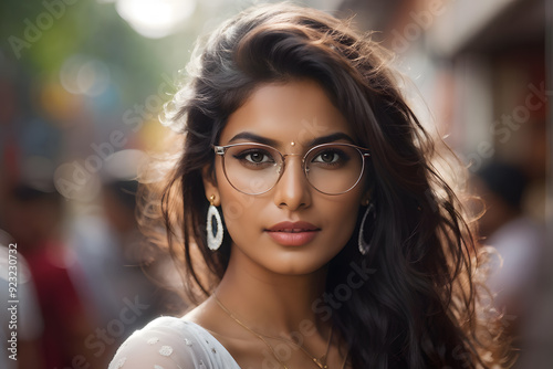 woman with glasses and a necklace and earrings on a street