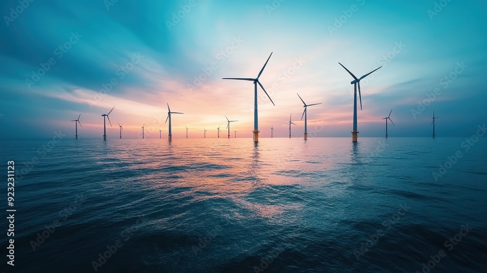 Breathtaking view of wind turbines in calm waters during sunset, showcasing renewable energy and sustainable technology. Breathtaking view of wind turbines in calm waters during sunset, showcasing renewable energy and sustainable technology.