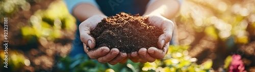 Close-up of hands holding rich, dark soil, symbolizing growth and connection to nature in a vibrant garden setting.